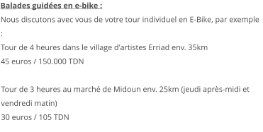 Balades guidées en e-bike : Nous discutons avec vous de votre tour individuel en E-Bike, par exemple : Tour de 4 heures dans le village d'artistes Erriad env. 35km 45 euros / 150.000 TDN   Tour de 3 heures au marché de Midoun env. 25km (jeudi après-midi et vendredi matin) 30 euros / 105 TDN   